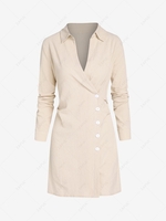 Ruched Long Sleeve Mini Shirt Dress M Light coffee
