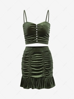 Ruched Mock Button Velvet Mini Mermaid Skirt Set L Deep green