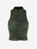 Ruched Mock Neck Tank Top M Deep green