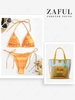 Ruched Ombre String Bikini Set With Laser Large Capacity Handbag Dark orange