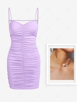 Ruched Open Back Bodycon Dress With Faux Pearl Collarbone Necklace Light purple