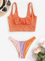 Ruched Ribbed Colorblock Cheeky Bikini Swimwear Dark orange