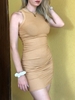 Ruched Ribbed Mini Bodycon Dress L Light coffee
