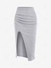 Ruched Ribbed Thigh Slit Draped Skirt Light gray