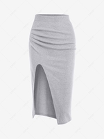 Ruched Ribbed Thigh Slit Draped Skirt Light gray