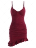 Ruched Ruffle Asymmetrical Bodycon Dress M Deep red