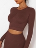 Ruched Seamless Long Sleeves Cropped Yoga Sports Tee M Deep coffee