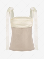 Ruched Silky Panel Tie Shoulder Tank Top S Light coffee