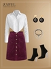Ruched Sleeve Corset-style Shirt and Pockets Corduroy Button Front Skirt Set White