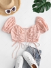 Ruched Smocked Ruffle Puff Sleeve Corset Blouse M Light pink