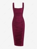 Ruched Square Neck Bodycon Dress S Deep red