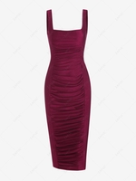 Ruched Square Neck Bodycon Dress S Deep red