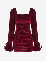 Ruched Square Neck Velvet Dress S Deep red