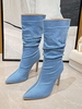 Ruched Stiletto Heel Pointed Toe Mid-calf Chambray Boots