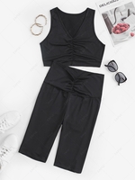 Ruched Tank Top and Wide Waistband Biker Shorts Set M Black