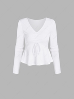 Ruched Tie Peplum Solid Top M White