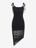 Ruched Tie Shoulder Asymmetrical Dress L Black