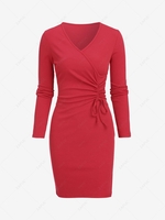 Ruched Tie Side Slit Long Sleeve Surplice Dress M Red
