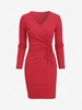 Ruched Tie Side Slit Long Sleeve Surplice Dress S Red