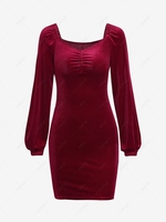 Ruched Velvet Lantern Sleeve Slinky Mini Dress S Deep red