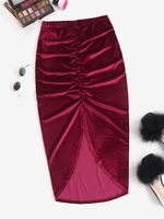 Ruched Velvet Midi Slinky Skirt S Red