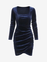 Ruched Velvet Tulip Long Sleeve Mini Dress S Deep blue