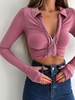 Ruched Zipper Turn Down Collar Long Sleeves Top S Light pink