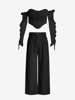 Ruffle Bandeau Corset Top with Pleated Slant Pockets Wide Leg Pants Set Black