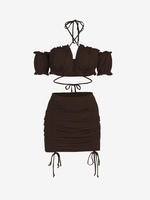 Ruffle Cinched Halter Mini Bodycon Skirt Set M Deep coffee
