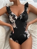 Ruffle Flower Print Backless Bodysuit M Black