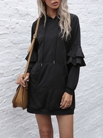 Ruffle Kangaroo Pocket Mini Hoodie Dress M Black