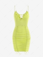 Ruffle Lace Up Cinched Slinky Dress L Green