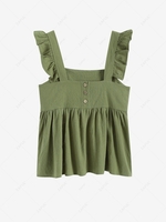 Ruffled Button Back Square Tank Top S Green