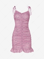 Ruffled Ditsy Floral Ruched Tie Shoulder Dress L Light pink