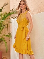 Ruffled Hem Belted Tasseled Trim Midi Dress M Yellow