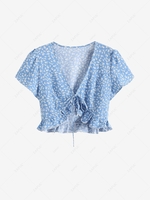 Ruffled Hem Ditsy Floral Tie Front Blouse M Light blue
