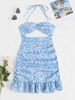 Ruffles Abstract Print Cut Out Ruched Halter Dress M Light blue