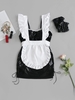 Ruffles Lingerie Lace Up Cosplay Maid Apron Dress Set L Black
