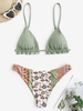 Ruffles Metallic Ethnic Printed Cheeky Bikini Swimwear Green