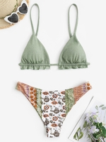 Ruffles Metallic Ethnic Printed Cheeky Bikini Swimwear Green
