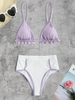 Ruffles Metallic High Waisted Ribbed Contrast Binding Bikini Swimwear Light purple