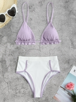 Ruffles Metallic High Waisted Ribbed Contrast Binding Bikini Swimwear Light purple