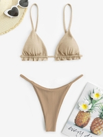 Ruffles Metallic Ribbed Cheeky Bikini Swimwear Light coffee