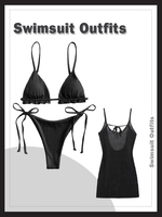 Ruffles Metallic Shiny Tie Side String Bikini with Crochet Openwork Mini Beach Dress Black