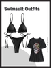 Ruffles Metallic Tie String Bikini Swimwear with Halloween Skull Flower Sheer Mesh Beach Top Black