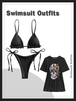 Ruffles Metallic Tie String Bikini Swimwear with Halloween Skull Flower Sheer Mesh Beach Top Black