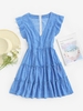 Ruffles Raindrop Print Tiered Mini Dress L Blue