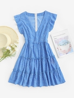 Ruffles Raindrop Print Tiered Mini Dress S Blue