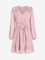 Ruffles Swiss Dots Belted Long Sleeve Mini Dress L Light pink
