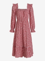 Ruffles Tiny Floral Long Sleeve Midi Dress L Red